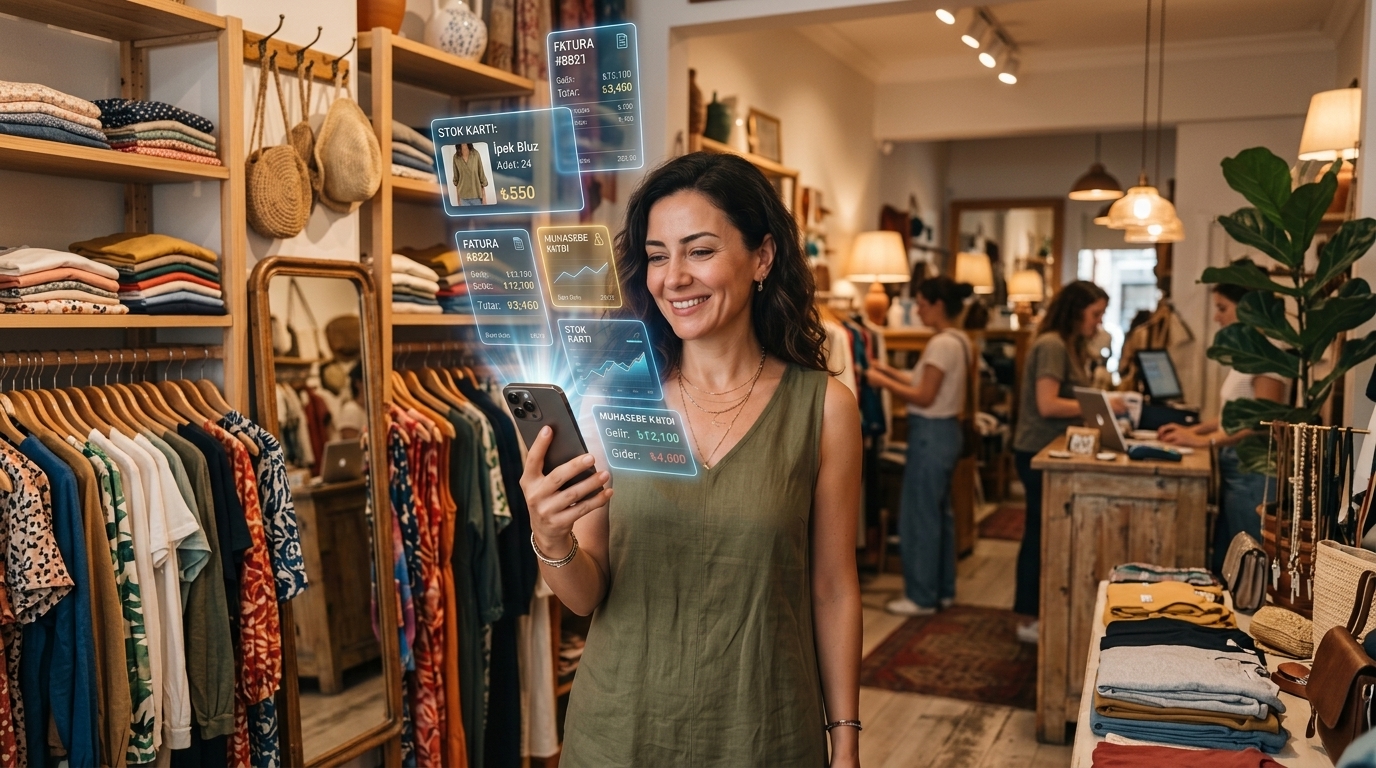 Perakende butik mağazasında akıllı telefon kamerasıyla stok ve e-fatura yöneten kadın girişimci
